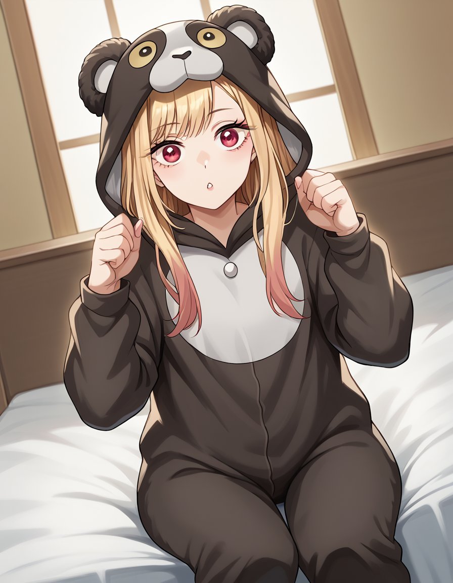 score_9, score_8_up, score_7_up, source_anime, marinkitagawa, <lora:marin-kitagawa-ponyxl-lora-nochekaiser:1>, marin kitagawa, long hair, bangs, blonde hair, red eyes, multicolored hair,, <lora:kigurumi-ponyxl-lora-nochekaiser:1>, kigurumi, animal hood, animal costume, cosplay, rabbit costume, dragon costume, bear costume, dinosaur costume, sheep costume, cat costume, dog costume, panda costume, tiger costume,, indoors, bed, bed room, sitting, , looking at viewer, solo, cowboy shot, dutch angle