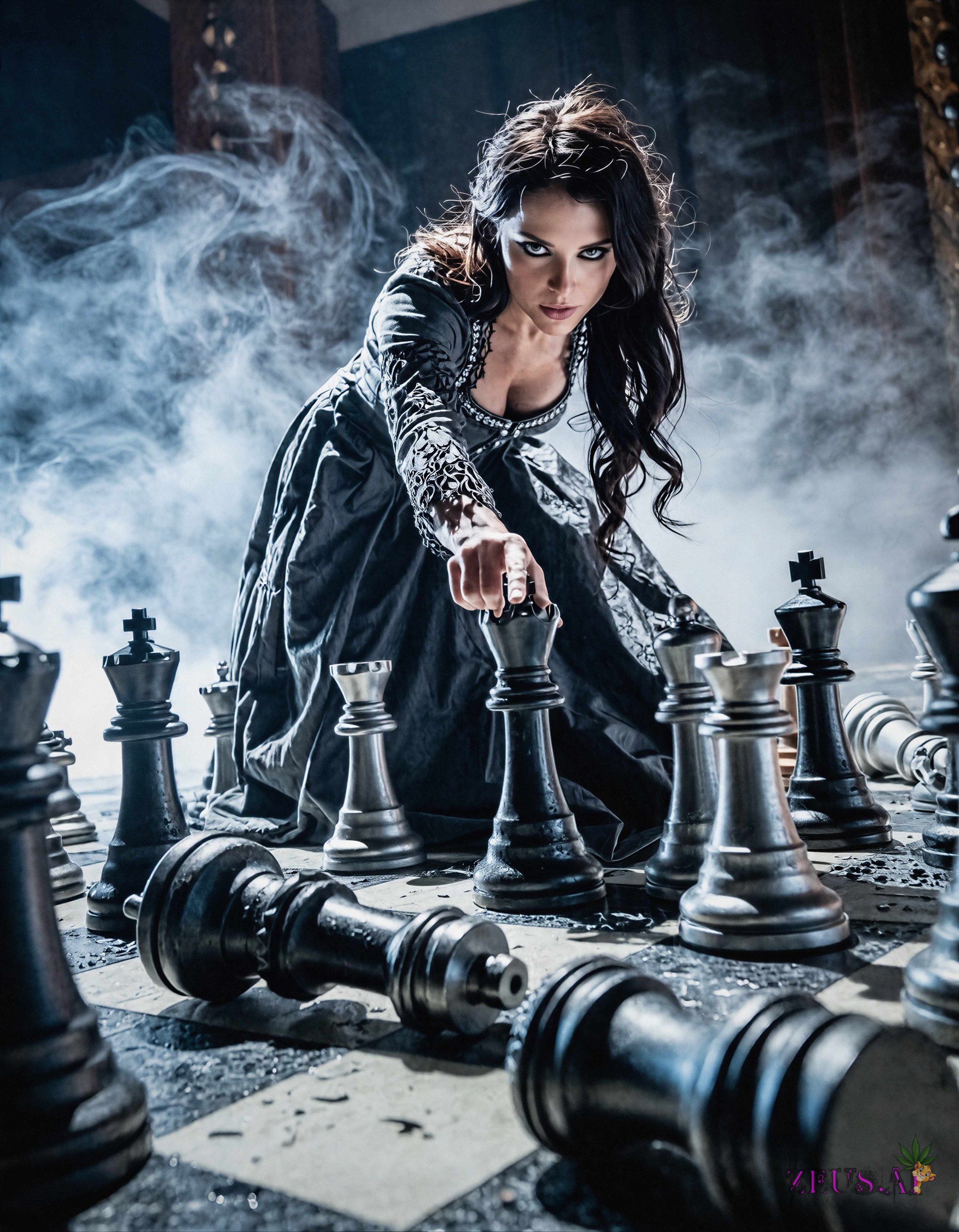 Cinematic,  low-angle shot of a fierce,  dark-haired woman in an elegant by ZEUS-ONL on Tensor.Art