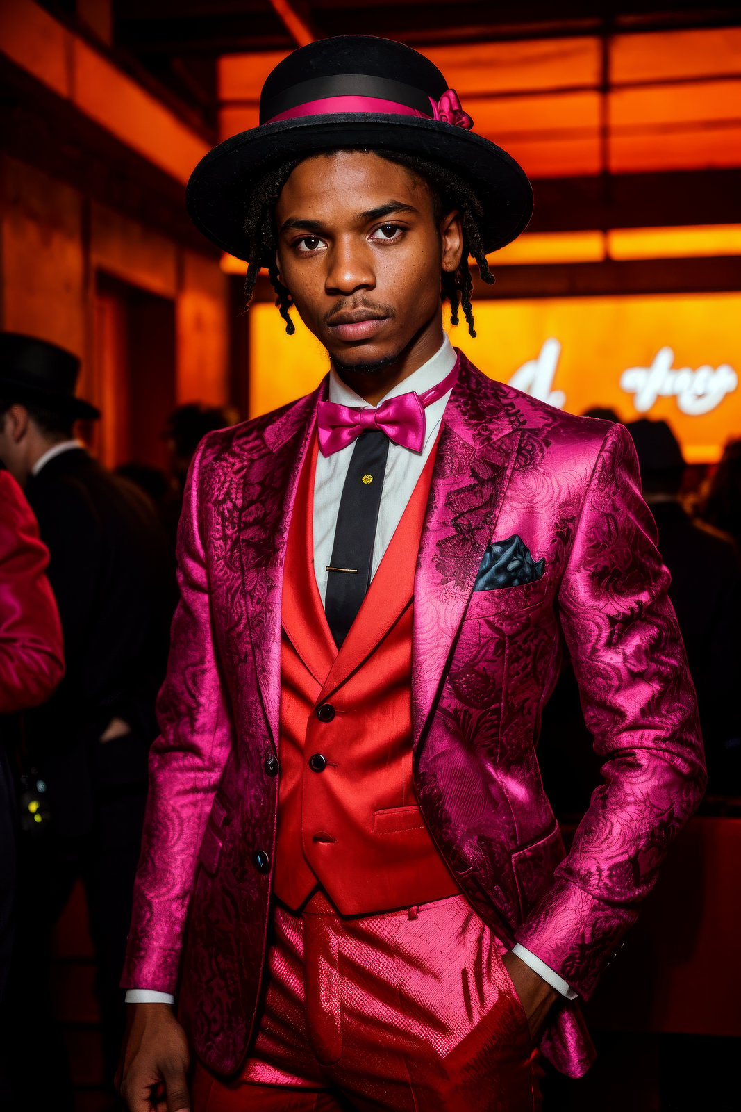 stunning natural post-apocalyptic neon color raw portrait, (sfw) senegalese 1boy, as a pompous dancer, (brocade shirt, pants, bow tie, bowler hat:1.2), indoors in a steamy (red night club, dark and moody, red mood lighting, red color tint, dark reddish shadows, orange highlights, crimson hues), post-apocalyptic scene with electrical attr, neon color raw photo, epic character composition, sharp focus, subsurface scattering, f2, 35mm, film grain