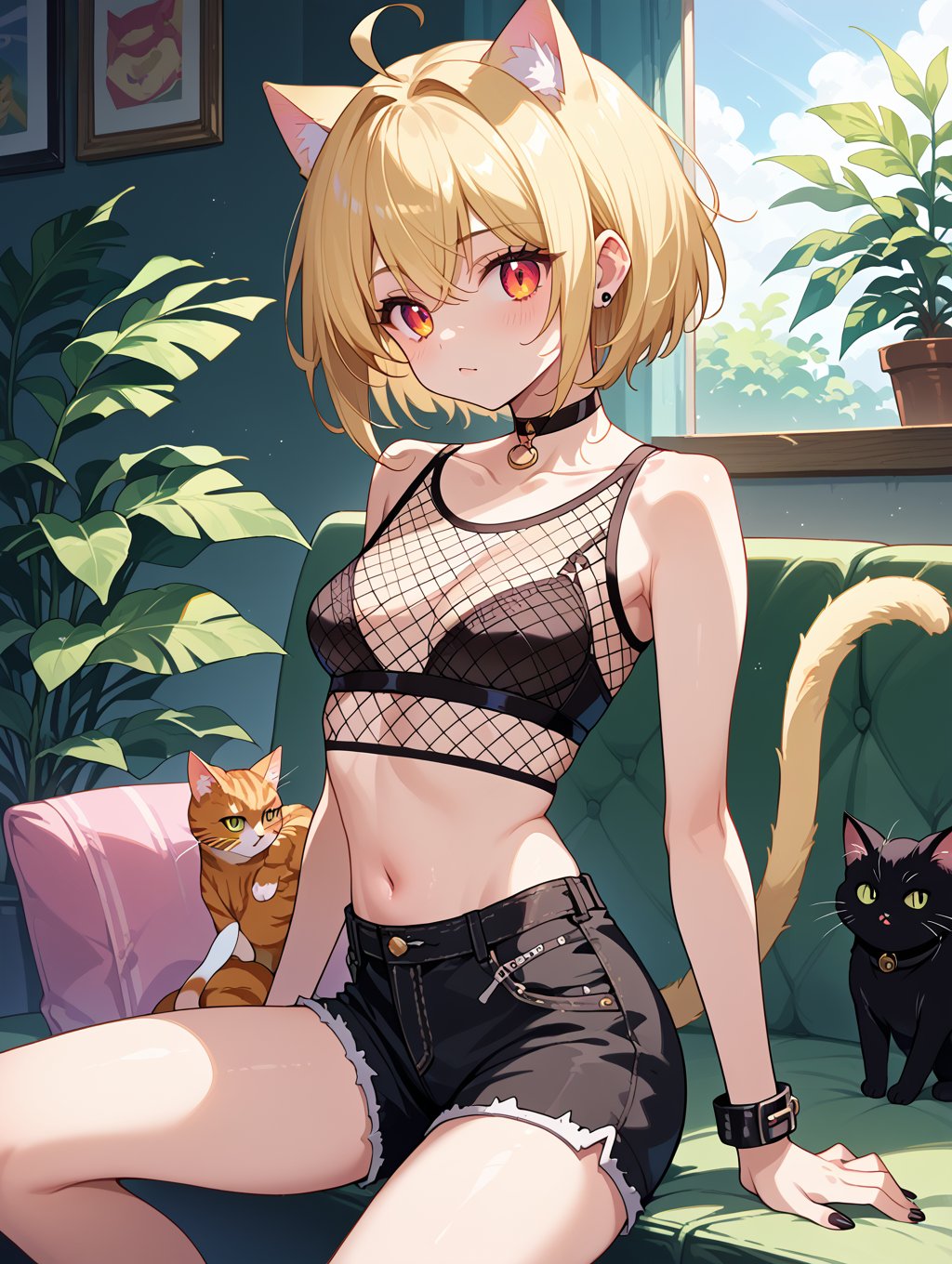 score_9, score_8_up, score_7_up,source_anime,ahoge, cat tail, shiny hair, slender, fishnet bra, fishnet top, fishnet_top, bra, shorts, black choker,