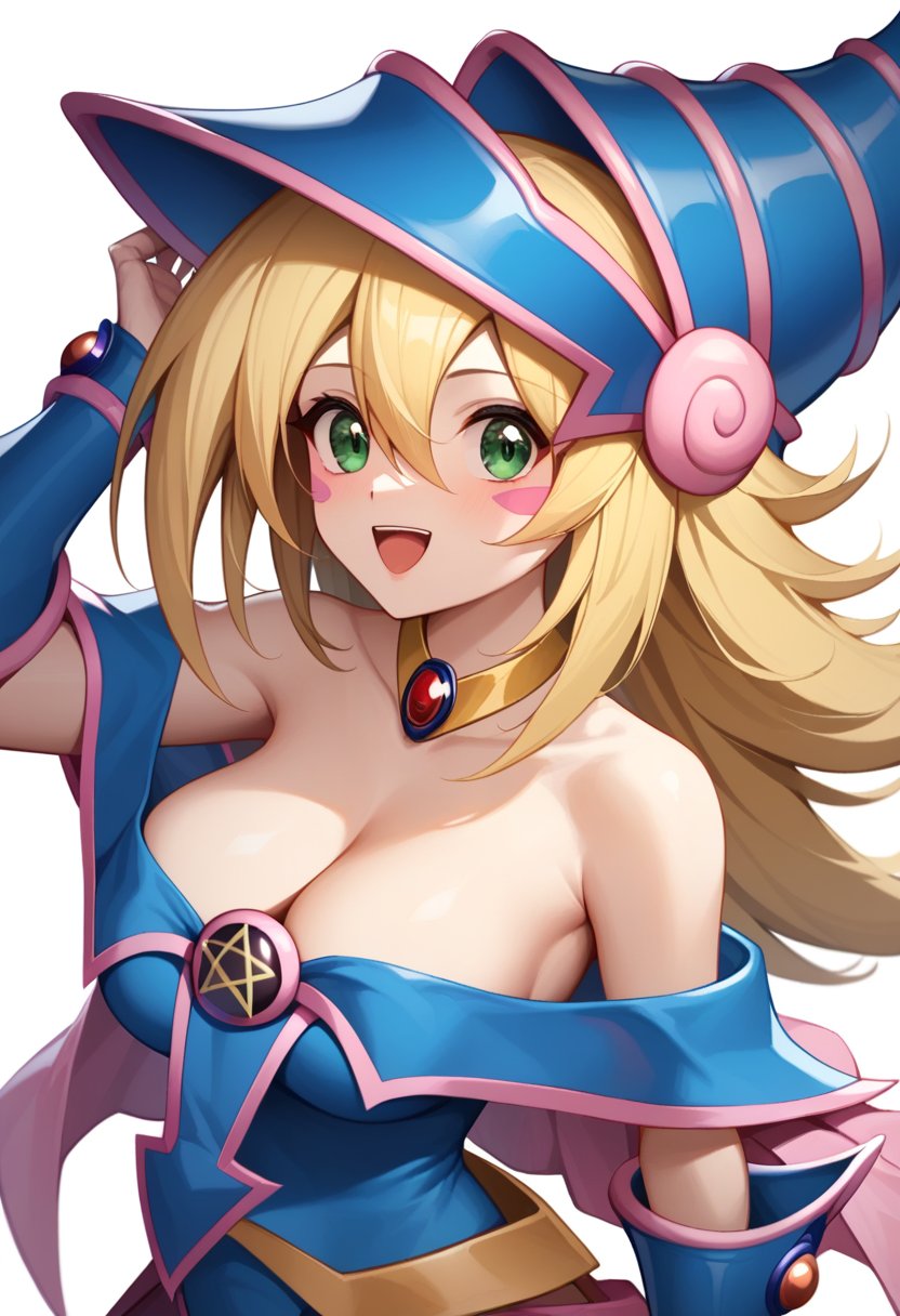 score_9,score_8_up,score_7_up,<lora:dark_magician_girl_pony:1>,dark_magician_girl,blonde_hair,duel_monster,1girl,long_hair,green_eyes,bare_shoulders,wizard_hat,large_breasts,cleavage,hair_between_eyes,