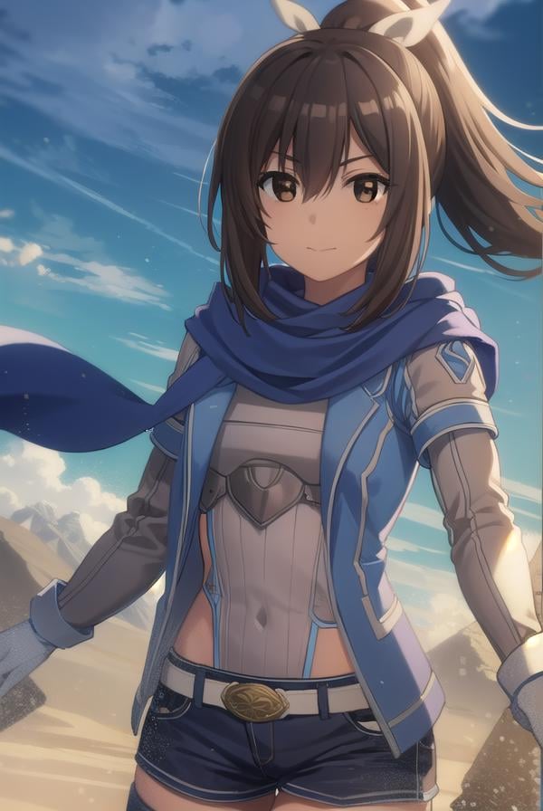 bofurisally, <lora:bofuri sally s2-lora-nochekaiser:1>, sally, long hair, brown hair, (brown eyes:1.5), ribbon, hair ribbon, ponytail, smile,BREAK gloves, shorts, scarf, blue scarf, shirt, white shirt, puffy sleeves, long sleeves, belt, denim shorts,BREAK outdoors, nature, forest, sun, sky, clouds, trees, grass,BREAK looking at viewer,BREAK <lyco:GoodHands-beta2:1>, (masterpiece:1.2), best quality, high resolution, unity 8k wallpaper, (illustration:0.8), (beautiful detailed eyes:1.6), extremely detailed face, perfect lighting, extremely detailed CG, (perfect hands, perfect anatomy),