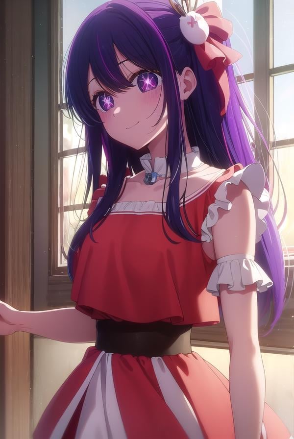 aihoshino, <lora:ai hoshino s1-lora-nochekaiser:1>,ai hoshino, long hair, bangs, (purple eyes:1.1), purple hair, (symbol-shaped pupils:1.5), smile,BREAK one side up, hair ornament, hair ribbon, skirt, thighhighs, white thighhighs, zettai ryouiki, idol, dress, red dress, sleeveless, pink skirt, frilled skirt, bare shoulders, collar, white collar,BREAK indoors, concert, stage,BREAK looking at viewer, (cowboy shot:1.5),BREAK <lyco:GoodHands-beta2:1>, (masterpiece:1.2), best quality, high resolution, unity 8k wallpaper, (illustration:0.8), (beautiful detailed eyes:1.6), extremely detailed face, perfect lighting, extremely detailed CG, (perfect hands, perfect anatomy),