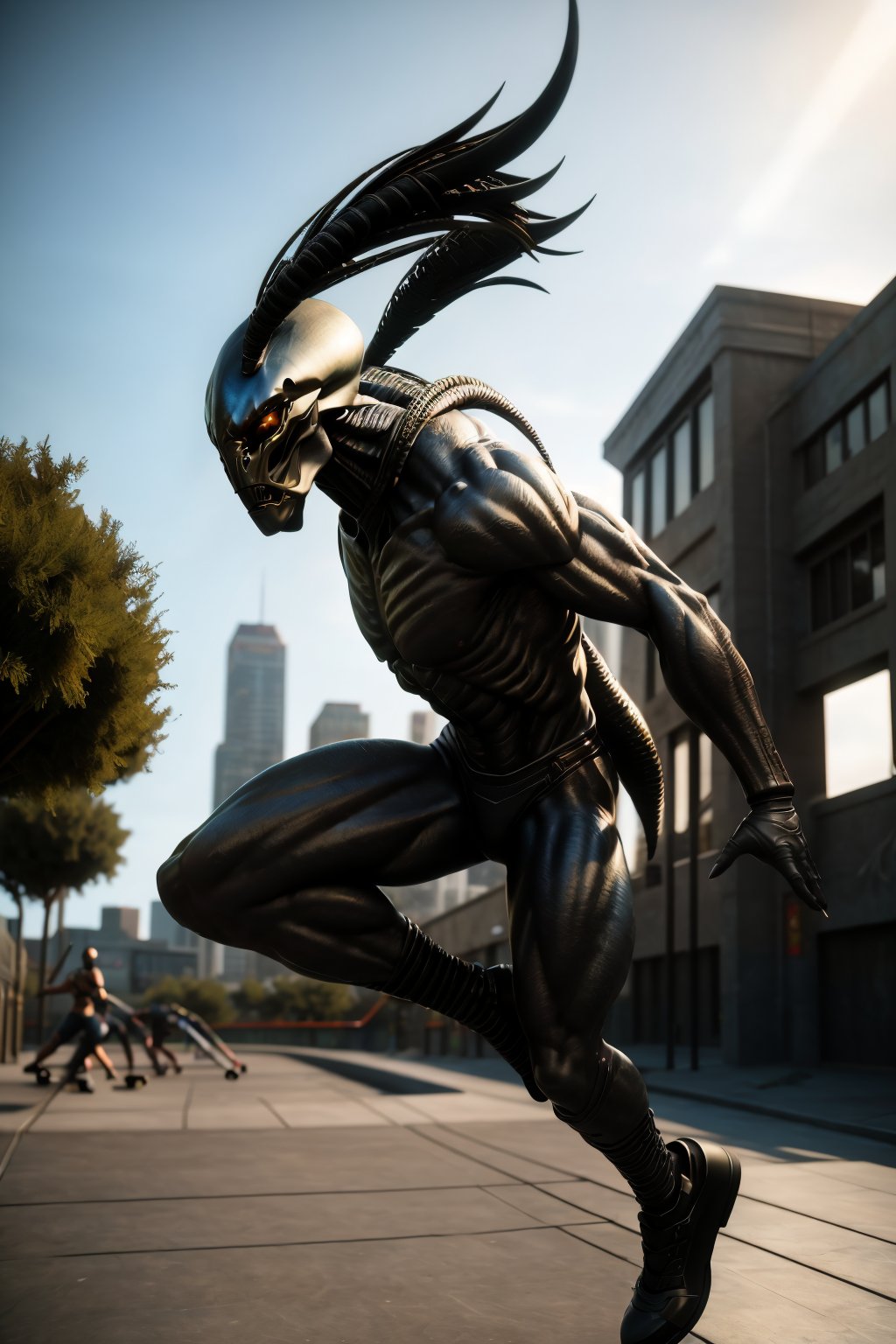 <lora:arandomalien_v2-000010:1> masterpiece of photorealism, photorealistic highly detailed 8k photography, best cinematic quality, volumetric lighting and shadows, muscular rndmln, predator braids, demon armor, dynamic pose, Graffiti-Covered Skateboard Parks,  Time-Lapse of Flowers Blooming