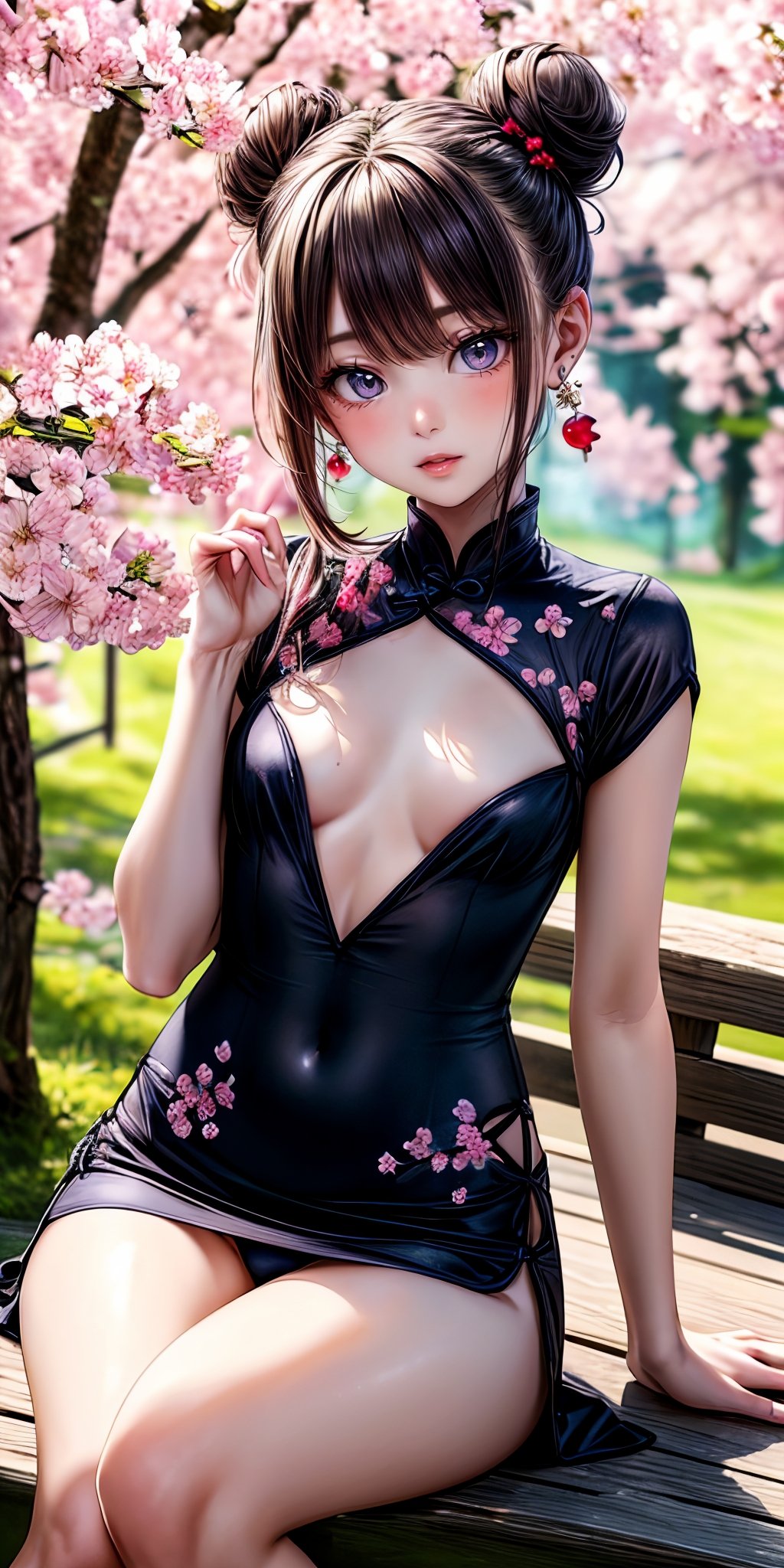 (masterpiece,ultra-detailed,best quality,8K,illustration:1.0),(petite girl:1.2) <lora:more_details:1>, flower, outdoor,cute face,cowboy shot,  <lora:n china dress v1.0:0.4> jyojifuku, china dress, jewelry, earrings, hair bun,mini skirt,open chest ,see-through,sitting,panties,<lora:cherry blossom:0.5> cherry blossom,too many flowers