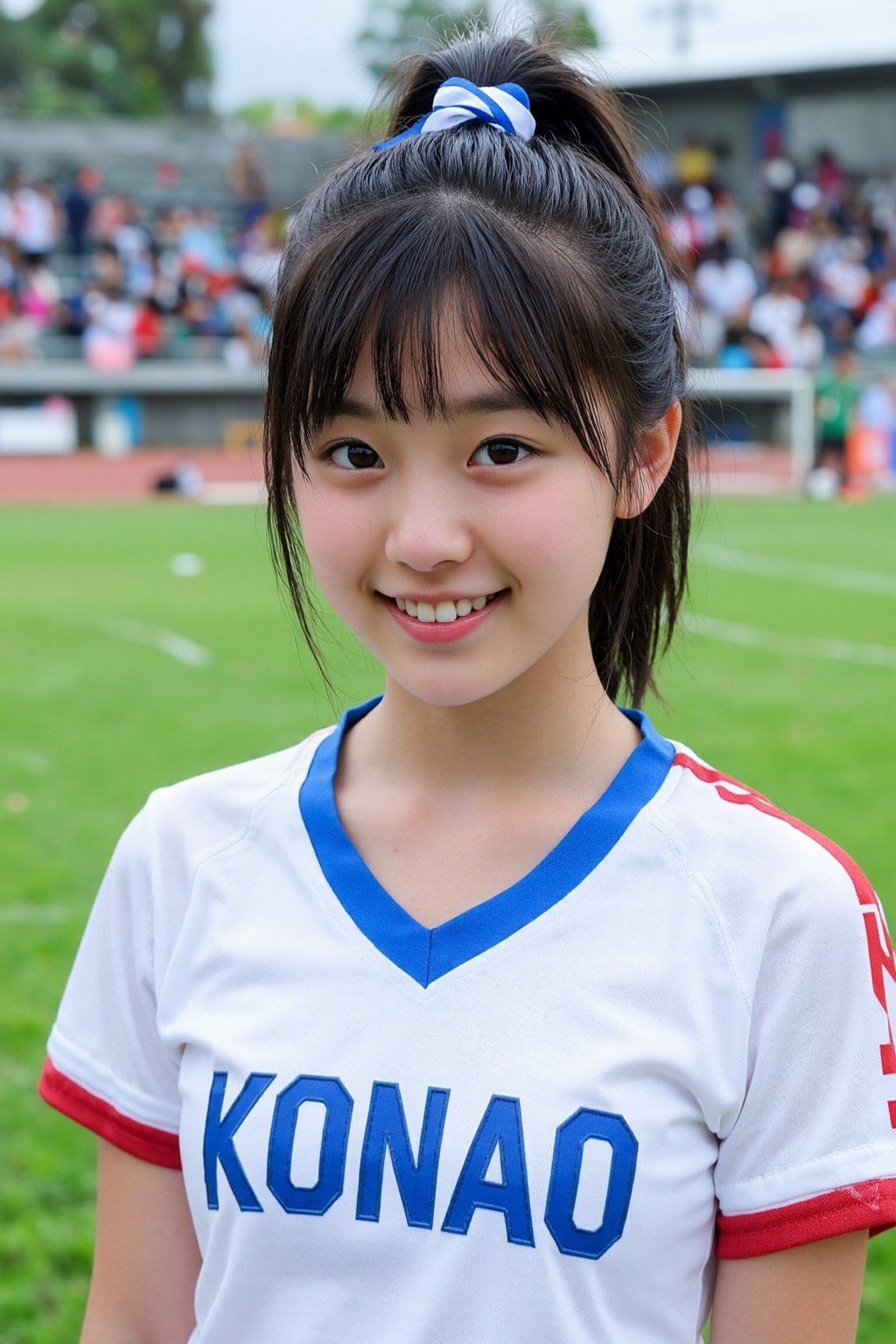A young Asian female,  approximately 18-22 years old,  smiling directly at the viewer. She is wearing a white athletic t-s...