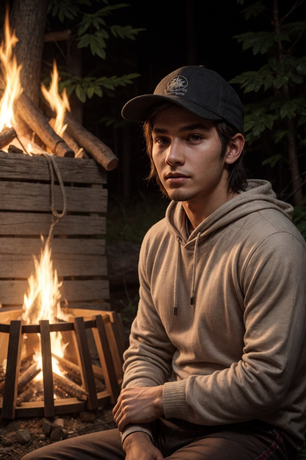 (1boy), 21yo male native Canadian, detailed face, detailed eyes, full parted lips, natural realistic skin, Anishnabai, Indigenous, traditional native clothing, slender fit body, outside with nature at night by the campfire, the cap fire lights his face in the dark of the night, long tied back hair, rustic Canadian wilderness, native teepee, RAW photo, dreamy soft focus, detailed photo, gorgeous, shallow depth of field, bokeh, hyper detailed photorealistic life-like accurate proportional 8k sharp focus, (selective focus:0.6) <lora:more_details:0.5> <OverallDetail>