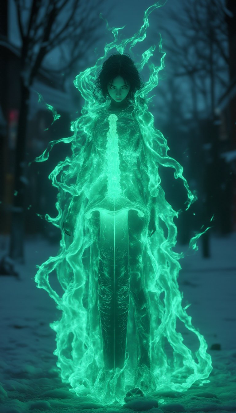 <lora:FL-bailing-24-0906Fire Spirit-000008:0.7>,bailing_fire,composed of fire elements,fire element,girl made of blue flames,Fire Skin,surrounded by blue flames.,Photorealistic,Cinematic Texture,a distant shot of a girl made entirely of green flames,resembling a ghost,standing on a winter street. Her full body,composed of flickering green flames,appears as a translucent,glowing ghost-like figure. In one hand,she holds a magical sword,its blade radiating an otherworldly green aura that complements her fiery form. The sword’s intricate,enchanted design flickers with sparks of energy,as if connected to the girl's essence. Her fiery form emits a soft,eerie green light,blending with the surroundings,and the glowing sword adds to the ethereal,haunting atmosphere as she stands alone in the cold winter night.,