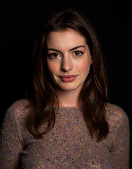 A closeup portrait photo of a woman with medium length hair who gazing directly at the camera with a neutral expression.She is wearing a multicolored knitted sweater against a dark background.Spotlight illumination.  She is wearing clear lipgloss.  <lora:Anne_Hathaway_FLUX_v1_epoch_49:1>