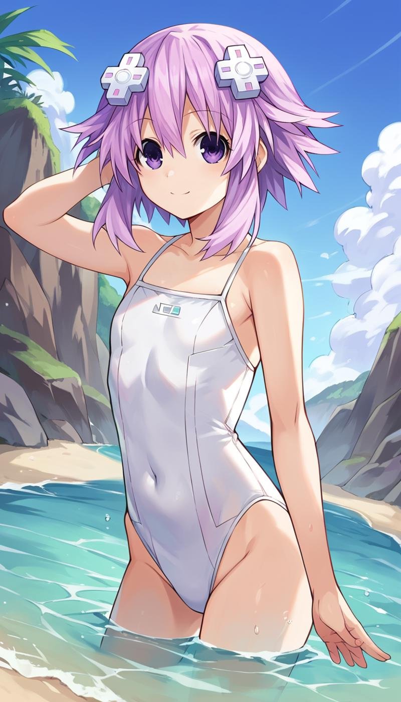 score_9, score_8_up, score_7_up, score_6_up, score_5_up, source_anime, 1girl, solo, purple eyes, purple hair, short hair, sidelocks, d-pad hair ornament, smile, closed mouth, flat chest, white swimsuit, white one-piece swimsuit, partially submerged, water, outdoors, sunny, sky, beach, looking at viewer, dutch angle, portrait,  <lora:Neptune_Neptunia_PonyXL:0.8>, Neptune \(neptunia)\,