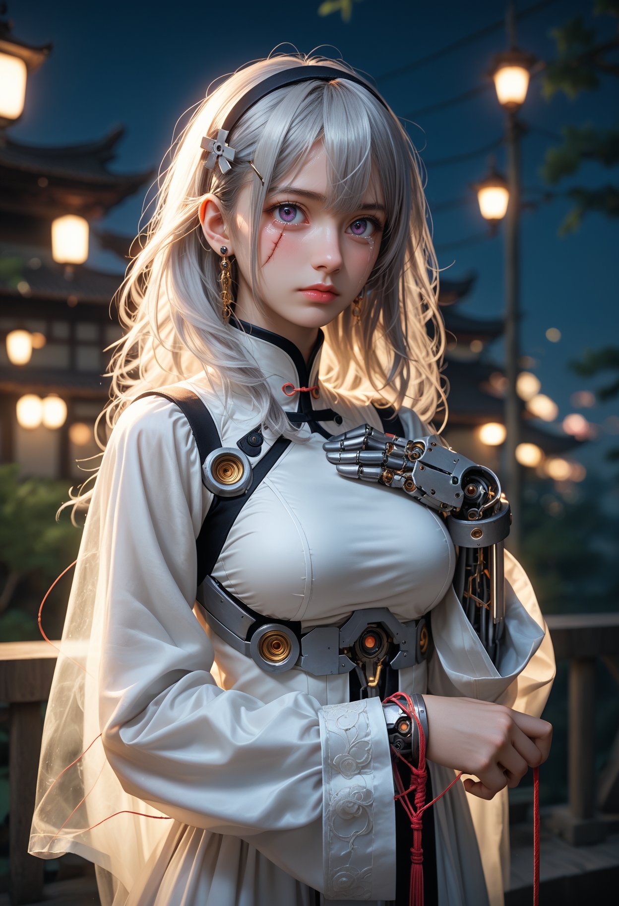 1girl,solo,looking at viewer,medium hair,bangs,hairband,purple eyes,hair ornament,hair between eyes,white hair,fluffy hair,large_breasts,blush shy,shiny_skin,very detailed clothes,very realistic textures,very detailed textures,longeyelashes,brown eye shadow,night,dim light,cyberpunk,mechanical arm,sci-fi style clothes,hair_tucking,metal material,realistic metallic texture,hands,raise your hand,Injuries,scratches,gears,links,chains,wires,sparks,electric sparks,crying,tears,1girl,large_breasts,Gray hair,air bangs,very long hair,thick hair,fluffy hair,Chinese clothing,very long dresses,hair accessories,hairpins,loose sleeves,long sleeves,bracelets,earrings,Hanfu,fine costumes,fine textures,girl standing beside the peach tree in a daze,flapping her hair,light yarn,translucent,, cinematic film still,score_9,score_8_up,score_7_up,dramatic lighting,(realistic:1.3),highly detailed,high budget,bokeh,cinemascope,moody,epic,gorgeous,film grain,grainy,masterpiece,best quality,perfect anatomy,very aesthetic,official art,8k,