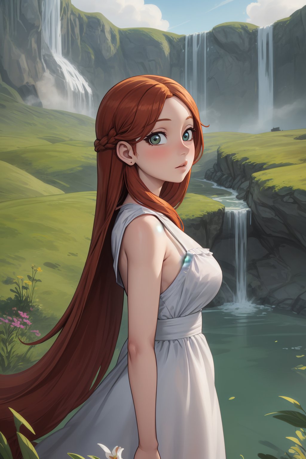 masterpiece, best quality, 1girl, long  hair, meadow, looking at viewer, waterfall