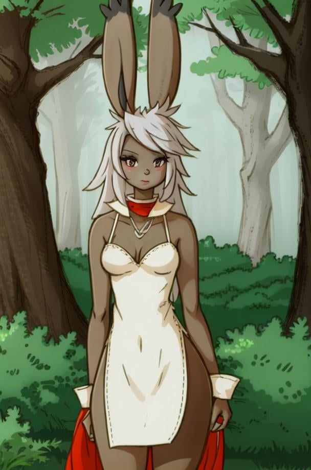 (anthro furry:1.2), VieraCzar, (viera, dark skin, brown eyes, random hair length, dress, slit dress), (forest), (masterpiece:1.2), hires, ultra-high resolution, 8K, high quality, (sharp focus:1.2), clean, crisp, cinematic, <lora:VieraFFTA-14:1>