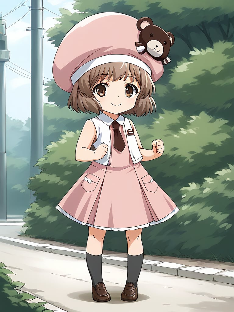 score_9, score_8_up, score_7_up, source_anime, rating_explicit, BREAK  <lora:Amatsuka_Sakura_Ver2.0_XL:1> AmatsukaSakura, brown hair, short hair, brown eyes, bangs, hat, chibi, smile,1girl, solo, dress, outdoors, sleeveless, socks, shoes, brown footwear, sleeveless dress, necktie, pink dress, kneehighs, black socks, pink headwear, loafers, day, looking at viewer, pleated dress, medium dress, clenched hands, full body, standing, bush, road