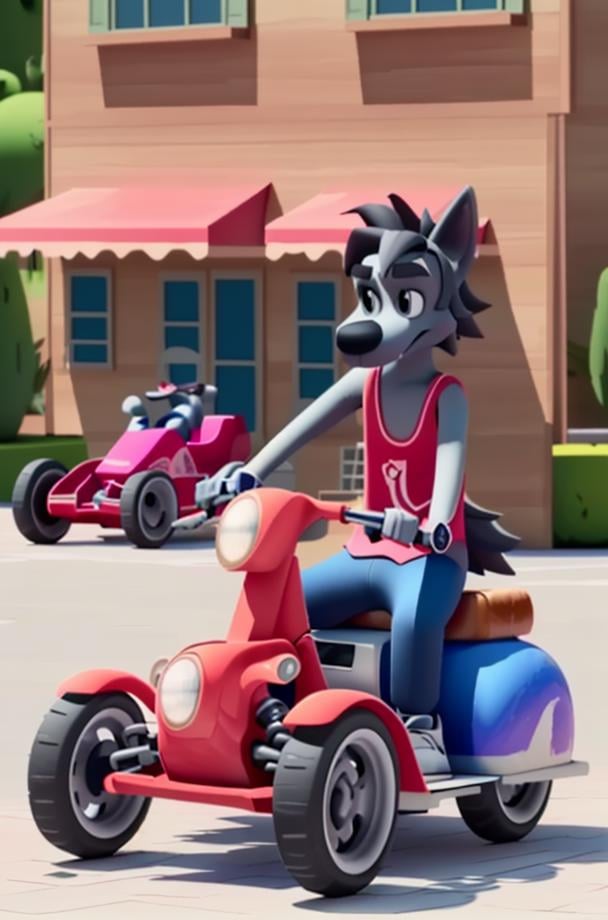 NuPogodiNewWolf, (outdoors, driving, driving a go-kart), (tank top, watch, shoes, tail), (masterpiece:1.2), 3D, Unreal Engine Render, hires, ultra-high resolution, 8K, high quality, (sharp focus:1.2), clean, crisp, cinematic, <lora:Vlk-18:0.7>