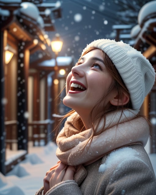 best quality, masterpiece, highres, detailed, realistic, .35mm, <lora:Tools - add_detail:0.2>, SnowWonder,  <lora:Scene - SnowWonder:0.8>, excited, snowing, city,  upper body, BREAK a mature woman excited to see snow falling, nostalgic, film, cinematic, 