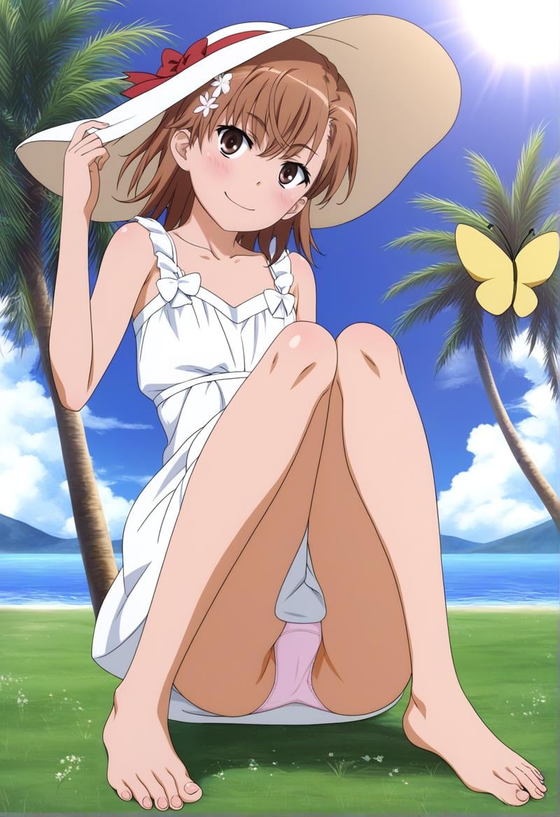 score_7_up, BREAK source_anime, toaru_as, 1girl, misaka mikoto, brown hair, barefoot, solo, hat, bug, dress, butterfly, brown eyes, sitting, sundress, smile, underwear, hair ornament, panties, unworn headwear, unworn hat, white dress, pantyshot, feet, blush, grass, looking at viewer, short hair, bow, sun hat, collarbone, yellow butterfly, page number, bare shoulders, toes, holding, bare legs, full body, <lora:Toaru_ASV4XL-EP10:1>