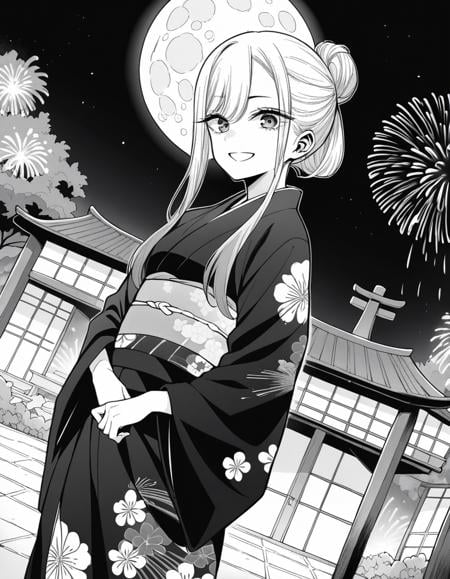 score_9, score_8_up, score_7_up, source_anime,marinkitagawa, <lora:marin-kitagawa-manga-ponyxl-lora-nochekaiser:1>,marin kitagawa, long hair, bangs, monochrome, greyscale,japanese clothes, kimono, bag, sash, obi, floral print, yukata, black kimono, hair bun, single hair bun,outdoors, shrine, night, moon, fireworks, smile,looking at viewer, cowboy shot, dutch angle, solo,