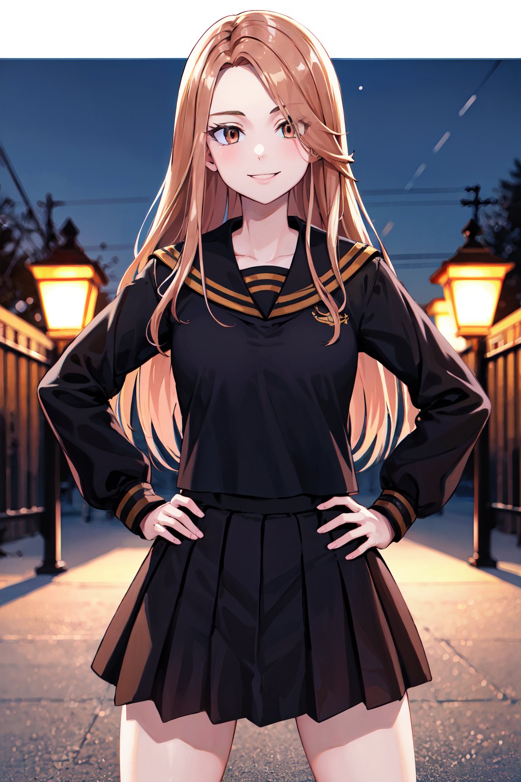 masterpiece, best quality, highres, 1girl, solo, long hair, brown hair, brown eyes, school uniform, black serafuku, black sailor collar, (black shirt:1.2), long sleeves, pleated skirt, black skirt, <lora:shiba_yuzuha_v1:0.7>, smile, hands on hips, standing, cowboy shot, night, park