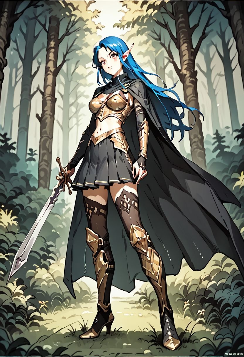 (score_9, score_8_up, score_7_up:1.0),(Xtermaxin:1.6), in forest , beautifull colors, golden armor, blue hair, black skirt, black boots silver sword,skirt pants, black stockings,black cape