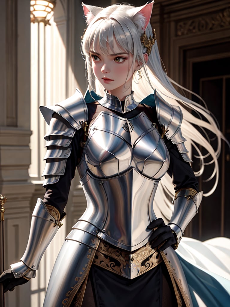 kneeling cat knight,  portrait,  finely detailed armor by DucHaiten on Tensor.Art