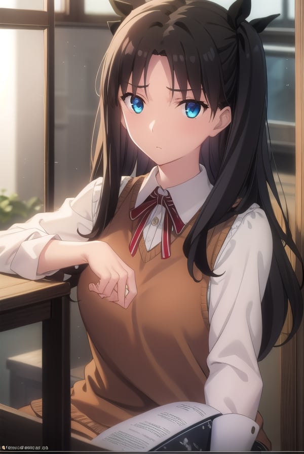 rintohsaka, <lora:rin tohsaka ubw-lora-nochekaiser:1>, rin tohsaka, aqua eyes, (black hair:1.5), hair ribbon, long hair, ribbon, sidelocks, two side up, (parted bangs:1.5),BREAK (brown sweater vest:1.2), collared shirt, homurahara academy school uniform, neck ribbon, red ribbon, ribbon, school uniform, shirt, sweater vest, white shirt,BREAK indoors, classroom,BREAK looking at viewer, (cowboy shot:1.5)BREAK <lyco:GoodHands-beta2:1>, (masterpiece:1.2), best quality, high resolution, unity 8k wallpaper, (illustration:0.8), (beautiful detailed eyes:1.6), extremely detailed face, perfect lighting, extremely detailed CG, (perfect hands, perfect anatomy),