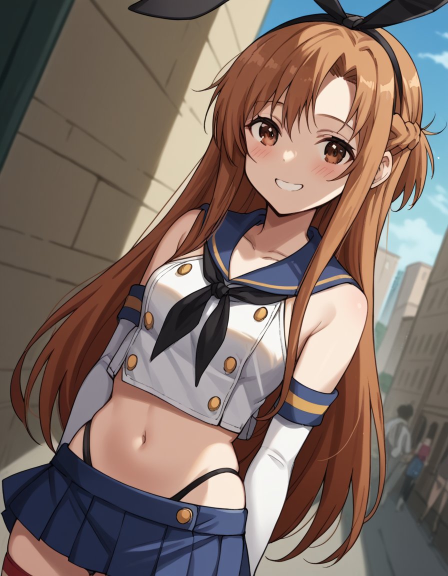 score_9, score_8_up, score_7_up, source_anime, asunayuuki, <lora:asuna-yuuki-s1-ponyxl-lora-nochekaiser:1>, asuna yuuki, long hair, brown hair, brown eyes,, <lora:shimakaze-cosplay-ponyxl-lora-nochekaiser:1>, shimakazecosplay, shimakaze \(cosplay\), highleg panties, black neckerchief, microskirt, striped thighhighs, highleg, black panties, elbow gloves, thong, blue sailor collar, white  gloves, crop top, sailor collar, blue skirt, black hairband, bunny ears,, outdoors, streets, smile, blush,, cowboy shot, dutch angle, solo,