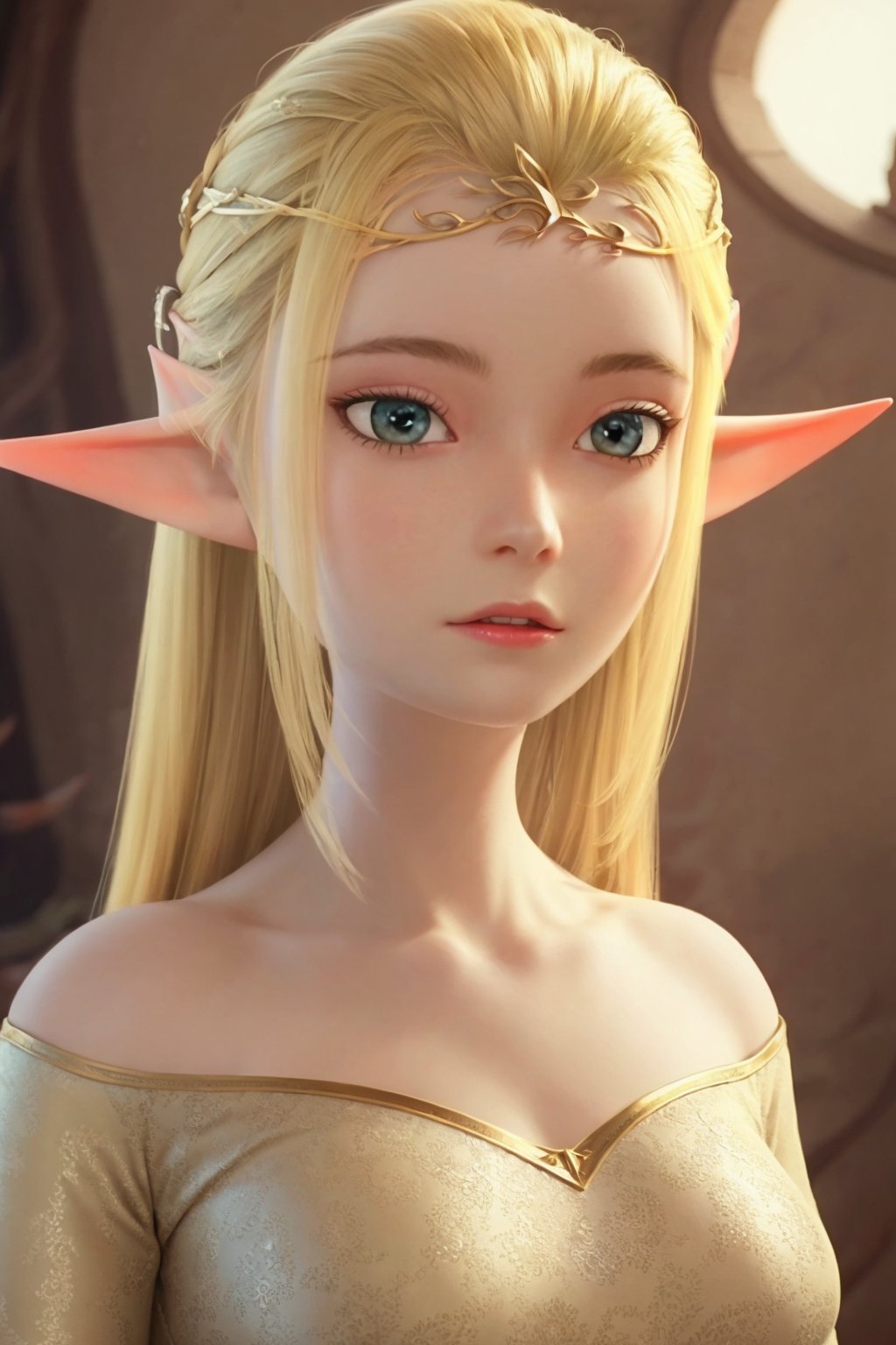 portrait,1girl,masterpiece,(best quality),official art,extremely detailed cg 8k wallpaper,(extremely delicate and beautiful),solo,realistic,photo_\(medium\),solo,naierwen,pointy ears,blonde,long hair,princess zelda,dress,elf,<lora:naierwen_20240326024711:0.7>,