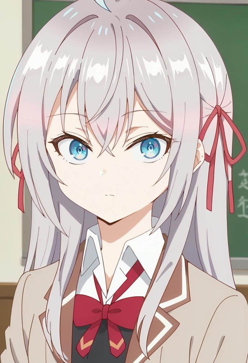 <lora:Alisa Mikhailovna-000013:0.9>  alisa mikhailovna, long hair, 1girl, grey hair, solo, blue eyes, hair between eyes, hair ribbon, red ribbon, crossed bangs, ahoge,    , white shirt, jacket, school uniform, brown jacket, collared shirt, black skirt, white thighhighs,bowtie, looking at viewer, upper body, score_9, score_7_up,anime coloring ,source_anime, anime, anime screencap