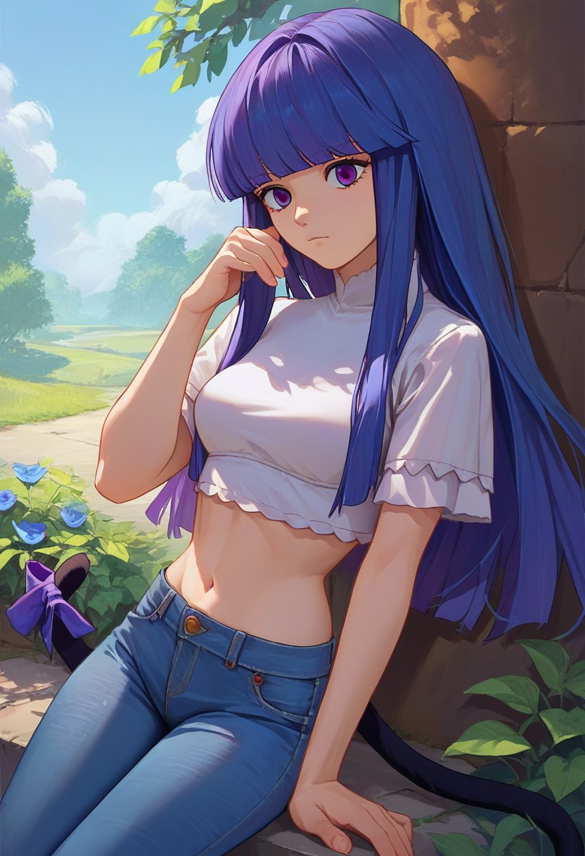 score_9, score_8_up, score_7_up, source_anime, 1girl,    frederica bernkastel, long hair, blue hair, purple eyes, cat tail, crop top, jeans, outdoors,  <lora:BernCAMENoiise-000011:1>