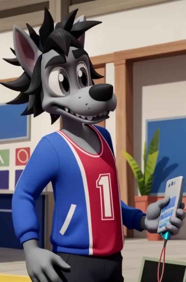 NuPogodiNewWolf, (chest tuft, black tracksuit, tail, teeth), (indoor, electronics store, buying a cellphone), (masterpiece:1.2),3D, Unreal Engine Render,  hires, ultra-high resolution, 8K, high quality, (sharp focus:1.2), clean, crisp, cinematic, <lora:Vlk-v1:0.7>