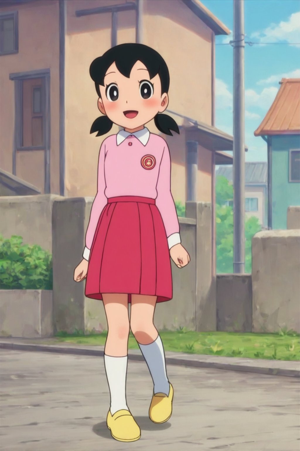 score_9, score_8_up, score_7_up, score_6_up, score_5_up, score_4_up, source_anime,minamoto shizuka,1girl, solo, skirt, outdoors, black hair, socks, white socks, twintails, red skirt, shoes, smile, shirt, open mouth, black eyes, pink shirt, looking at viewer, short twintails, kneehighs, collared shirt, long sleeves, :d, day, bright pupils, white pupils, house, low twintails, short hair, running, yellow footwear, blush, child,masterpiece, perfect face, best quality, beautiful girl, cute girl, beautiful eyes, shiny eyes, anime coloring, anime screencap, absurdres, outdoors,<lora:minamoto shizuka pony 906 1:0.8>