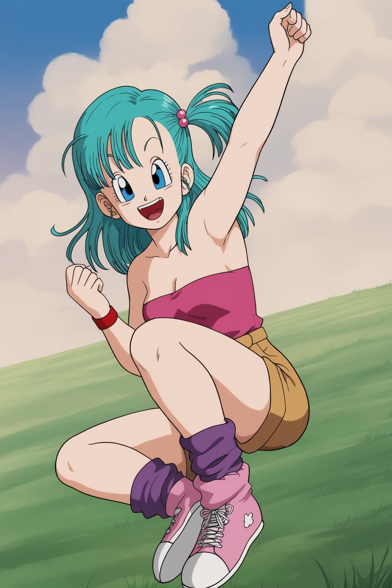 source_anime, score_9, score_8_up, score_7_up, anime screencap, bulma \(dragonball\), 1girl, solo, breasts, looking at viewer, smile, open mouth, blue eyes, wristwatch, field, outstretched hand, leg up, pink tube top, hair ornament, cleavage, bare shoulders, sitting, full body, outdoors, sky, shoes, shorts, outstretched arm, day, socks, cloud, blue sky, strapless, aqua hair, one side up, cloudy sky, grass, hair bobbles, wristband, sneakers, pink footwear, brown shorts, purple socks, arm up, collarbone, eyebrows, eyelashes, jumping, fingernails, medium hair, looking to the side, clenched hand, raised eyebrows, midair, tongue, teeth <lora:bulma_pony_v1:0.8>