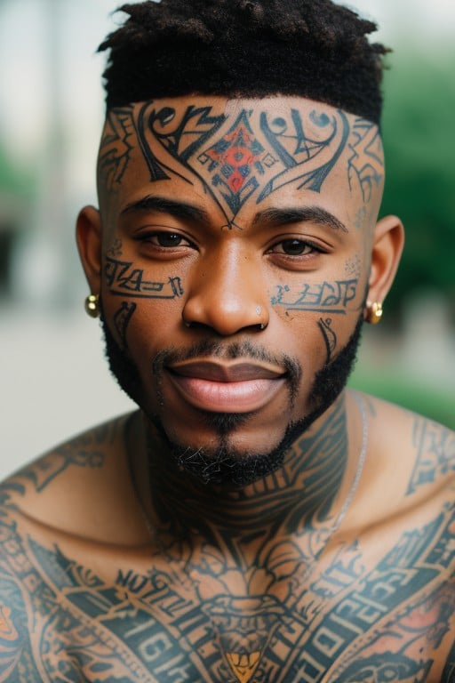 professional photo, portrait of a black man with face tattoo, soft lighting, DSLR, bokeh, unslpash, cinematic still, film grain, <lora:Nlo_FaceTattoo_v1:1>