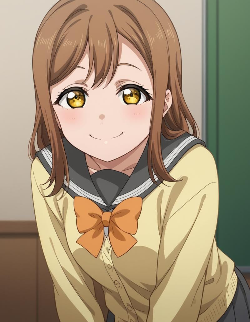 score_9, score_8_up, score_7_up, source_anime, <lora:hanamaru-kunikida-s2-ponyxl-lora-nochekaiser:1>, hanamaru kunikida, long hair, bangs, brown hair, yellow eyes,, long sleeves, bow, school uniform, serafuku, bowtie, cardigan, uranohoshi school uniform, yellow cardigan,, indoors, bent over, smile, smug, looking at viewer, solo,, cowboy shot, dutch angle