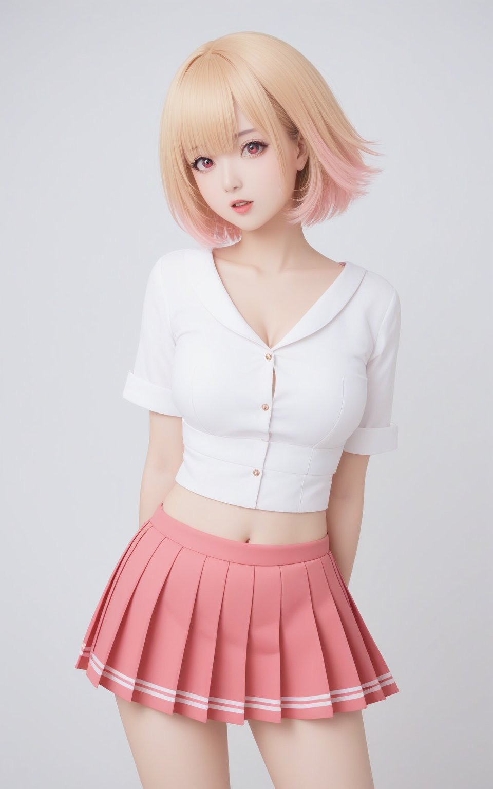 1girl, breasts, solo, skirt, shirt, navel, hair ornament, cleavage, large breasts, open mouth, pink skirt, blonde hair, looking at viewer, hairclip, white shirt, blush, pleated skirt, wind lift, collarbone, short hair, midriff, short sleeves, arms behind back, wind, cowboy shot, miniskirt, standing, pink eyes, bangs, thighs, signature, crop top, red eyes, clothes lift, white background