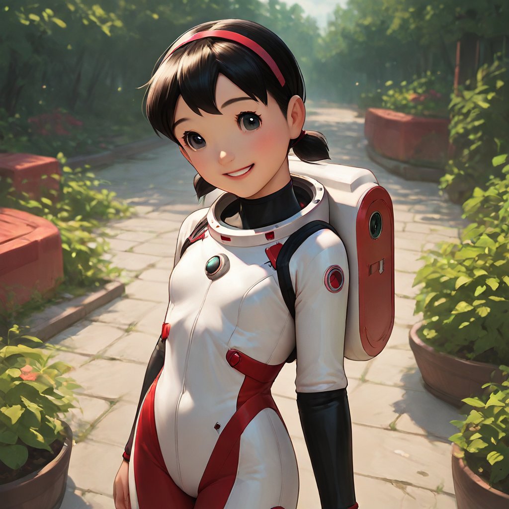 score_9, score_8_up, score_7_up, score_6_up, score_5_up, score_4_up, source_anime,minamoto shizuka,cowboy shot, 1girl, solo, smile, Girl in a spacesuit stepping onto the surface of Mars, Earth visible in the distance, vast red landscape, futuristic colony in the background, sense of wonder and exploration, epic sci-fi scene, hyper-realistic detail, child,masterpiece, perfect face, best quality, beautiful eyes, shiny eyes, anime coloring, anime screencap, absurdres, award winning, <lora:minamoto shizuka duck 907:0.8>