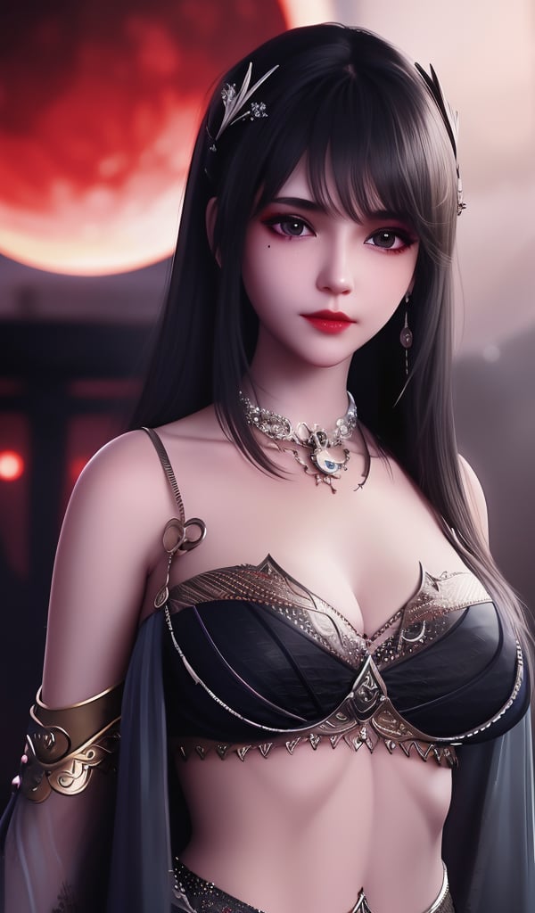 <lora:644-DA-神印王座-圣采儿-TYPE1:0.8>(,1girl, ,best quality, ),looking at viewer,  ,,ultra detailed background,ultra detailed background,ultra realistic 8k cg,, ,masterpiece, (( , )),, ,science fiction,mole, ,    ,red moon, black rose,     (cleavage), (),