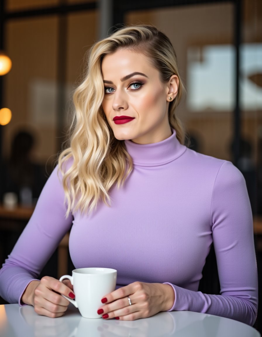 8k hdr. she has blonde hair and She has a light complexion and wears subtle makeup with a focus on bold,  dark red lipstic...
