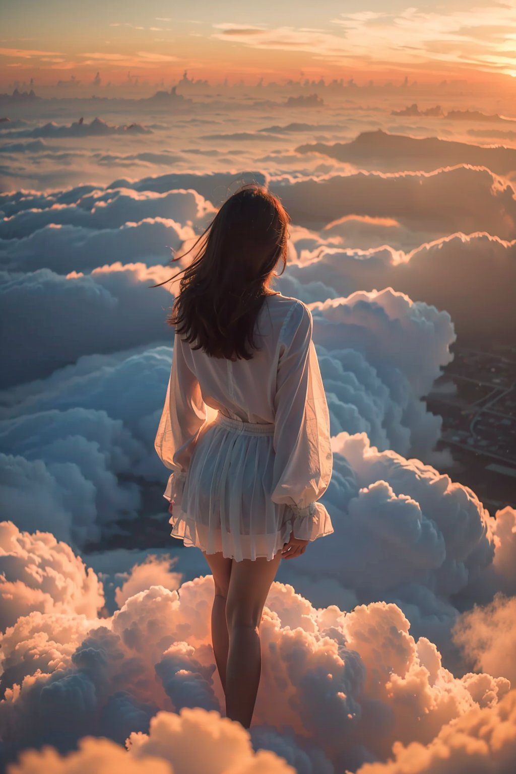 best quality,masterpiece,1girl, above clouds, solo, long hair, skirt, black hair, long sleeves, standing, outdoors, sky, cloud, from behind, cloudy sky, scenery, sunset, sun, horizon, facing away