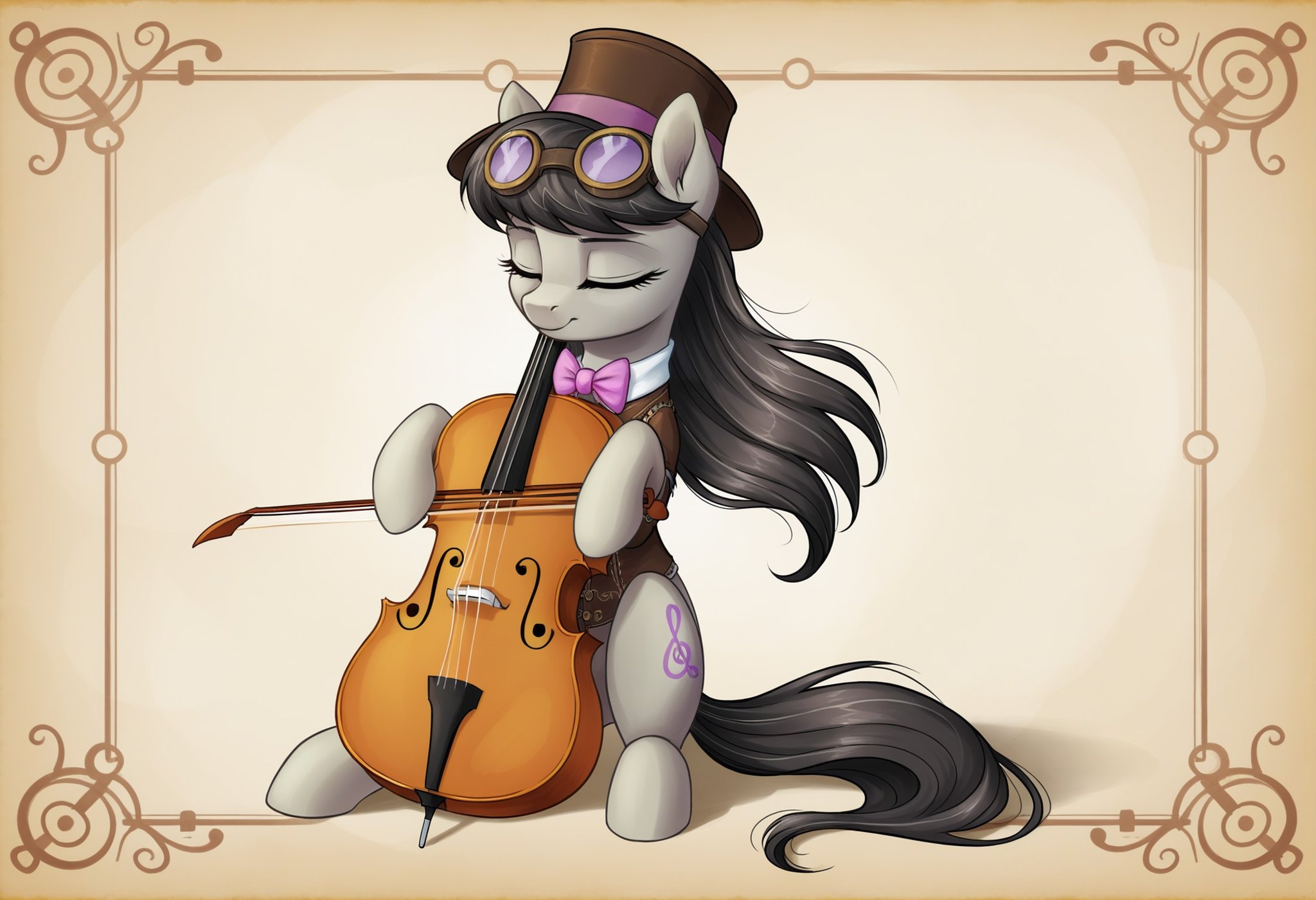 score_9, score_8_up, score_7_up, score_6_up, score_5_up, score_4_up, rating_safe, octavia melody, earth pony, female, mare, pony, solo, cello, clothes, eyes closed, g4, goggles, hat, steampunk, musical instrument, abstract background, playing instrument, detailed, beautiful, detailed background, <lora:Wholesome_MLP-v1.7:1>