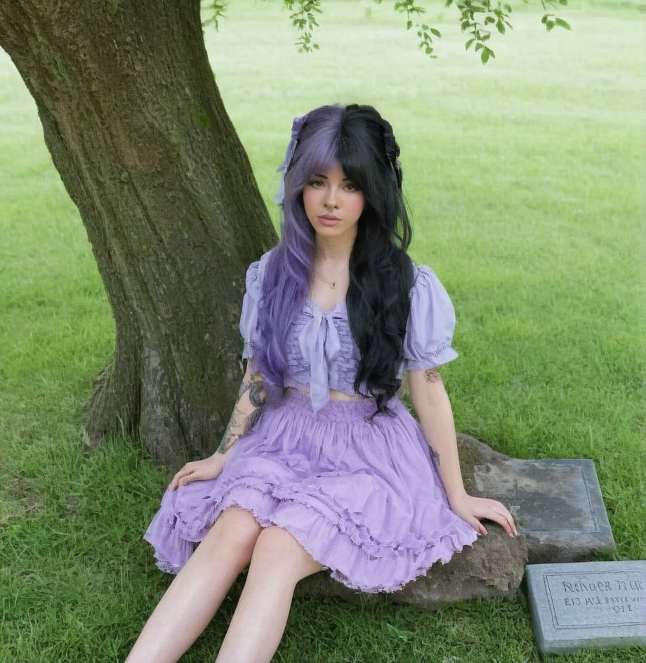 Holding soda, holding soda, holding soda, holding soda, long, wavy, lavender and black split dye hair color, pastel lavender and black hair, masterpiece high quality 18K, Hyperrealism, Realistic vision, rosy cheeks, realistic woman, shes holding soda, sitting beside gravestones, under a willow tree, she wears a light dirty purple skirt, and a dark green mossy top with dirty purple details, a girl, Woman, best quality, woman, high quality, good lighting<lora:EMS-431629-EMS:1.000000>