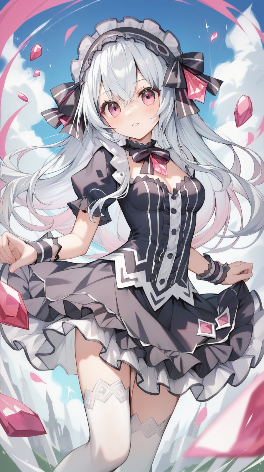 Black frilled dress, masterpiece, score_9, score_8_up, score_7_up best quality, long hair, hairband, hair ribbons, <lora:fftiara:0.9>, fftiara, Pink gems, White stockings, Short dress, Pink eyes