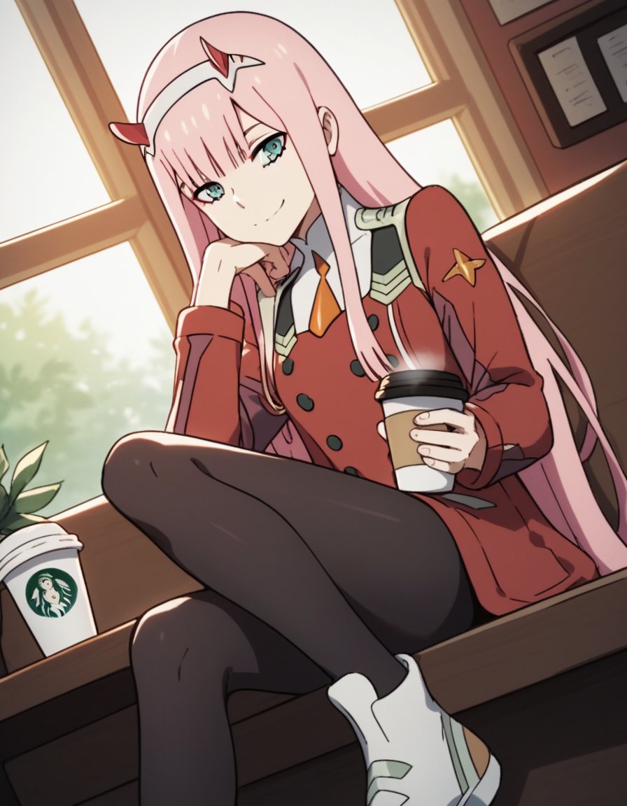 score_9, score_8_up, score_7_up, source_anime, <lora:zero-two-s1-ponyxl-lora-nochekaiser:1>, zero two, zero two \(darling in the franxx\), green eyes, hairband, horns, long hair, pink hair, red horns, white hairband,, jacket, leggings, red jacket, white footwear,, cafe, coffee cup, barista, sitting down, talking, relaxing, sunlight through window, smile, looking at viewer, hand on shoulder, foot crossed over, knee up, solo,, cowboy shot, dutch angle