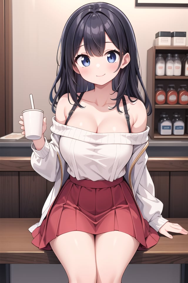 insanely detailed, absurdres, ultra-highres, ultra-detailed, best quality,1girl, solo, nice hands, perfect hands,BREAKwearing sweater, off shoulder sweater, one piece sweater, sweater with long sleeves, bare shoulder, collarbone, red skirtBREAKhappy smile, laugh, closed mouth,sitting, holding coffee cup,from below, cowboy shot, looking at viewerBREAKslender, kawaii, perfect symmetrical face, ultra cute girl, ultra cute face, ultra detailed eyes, ultra detailed hair, ultra cute, ultra beautiful,BREAKindoors, in coffee shopBREAKlarge breasts, black hair, long hair, black eyes