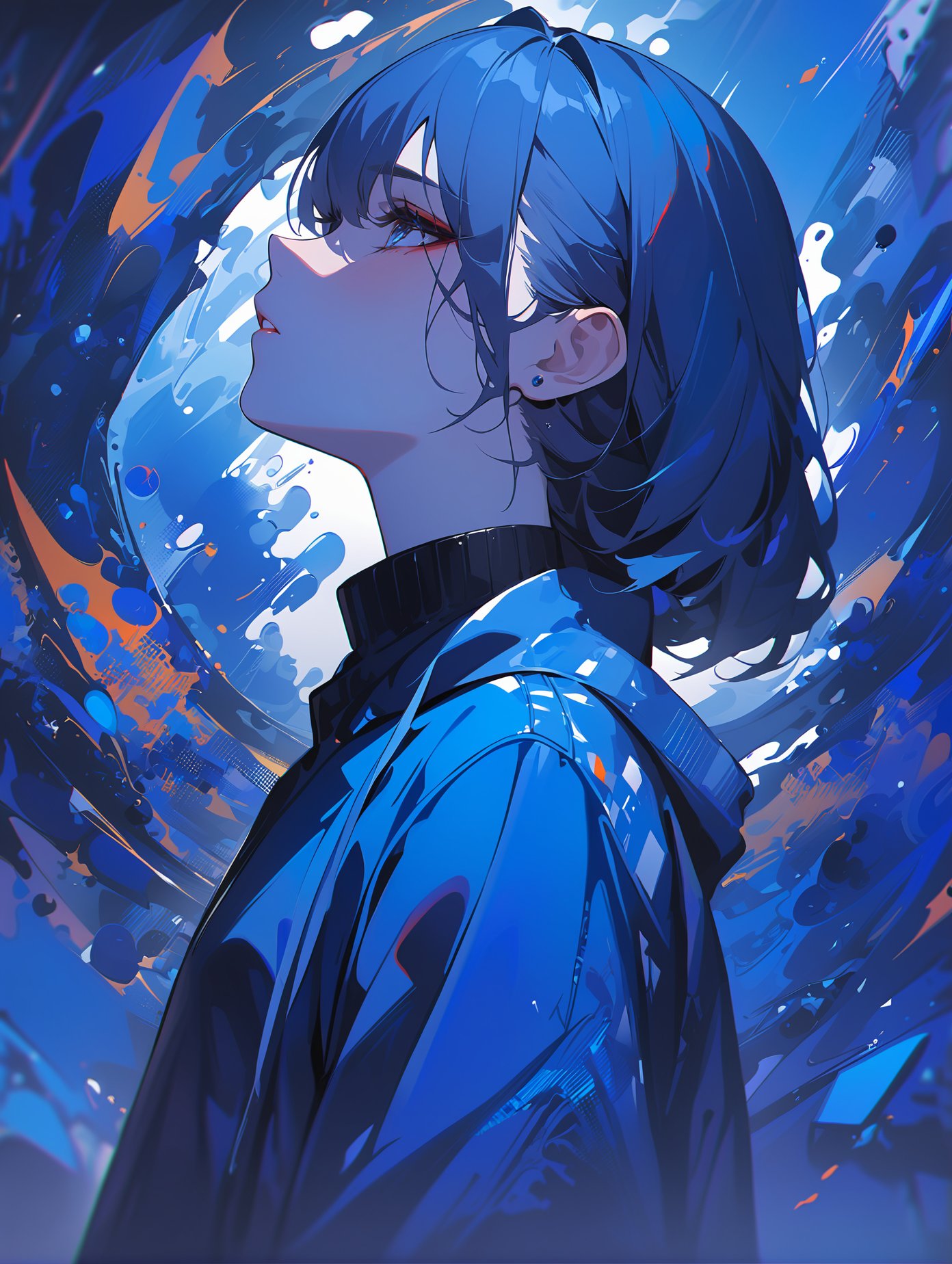 masterpiece,best quality,ultra high res,1girl,(abstract art:1.4),bleeding blue,blue theme,visually stunning,beautiful,evocative,emotional,side view,