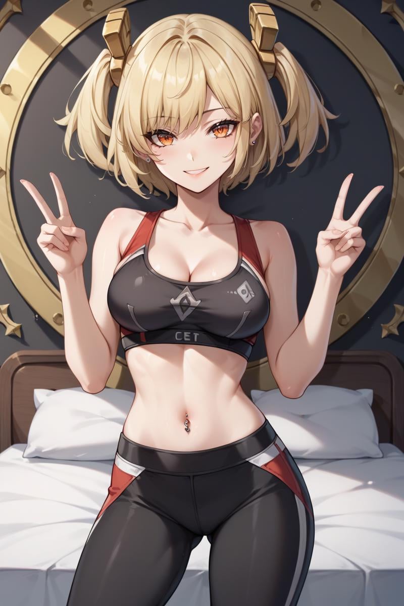 score_9, score_8_up, score_7_up, source_anime, 1girl, prefect lighting, very aesthetic, intricate details, highly detailed background, masterpiece, high quality, prefect hands, best quality, solo,<lora:Burnice_ZZZ_V1:.85>, KJOburnice, blonde hair, orange eyes, twintails, two side up,standing, seductive smile, black yoga pants, sports bra, cleavage, midriff, double peace sign, navel piercing,bedroom, bed,(Beautiful, medium Breasts:1.2), natural breasts,