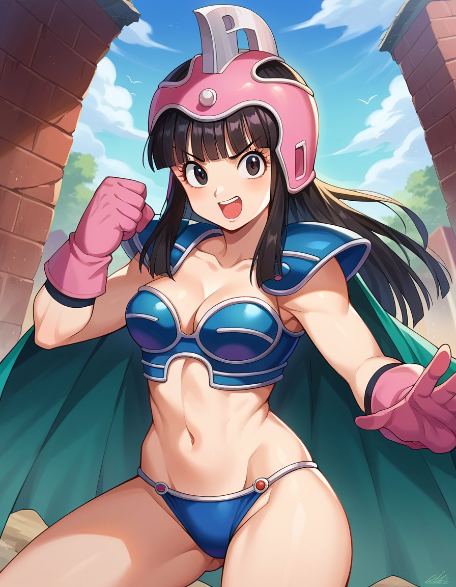 score_9, score_8_up, score_7_up, source_anime,dragonballchichi, <lora:dragonball-chichi-ponyxl-lora-nochekaiser:1>,chi chi, black eyes, black hair, long hair, hime cut, blunt bangs, sidelocks,armor, bikini armor, cape, collarbone, gloves, helmet, navel, pauldrons, shoulder armor, cleavage,outdoors, wasteland, fighting stance, open mouth,looking at viewer, dutch angle, cowboy shot,