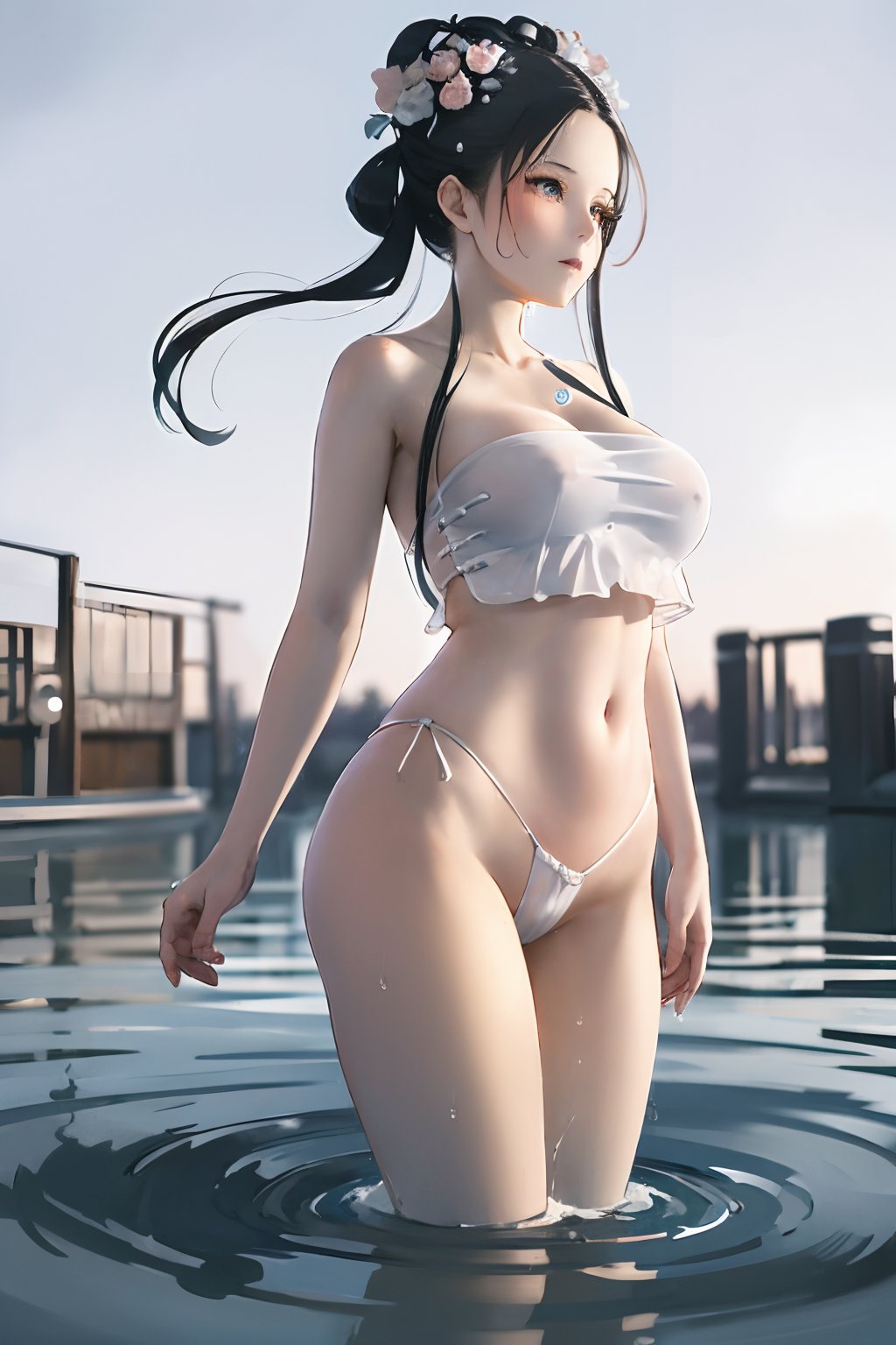 1girl,huge breasts,navel,standing,(outdoors:1.2),black hair,profile,realistic,solo,<lora:handudou_lbc:0.8>,high quality,masterpiece,BREAK((water drops)),wet clothes,((beautiful detailed water)),((floating)),dynamic angle,