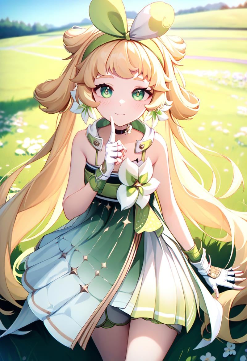 cute anime style, masterpiece, best quality, 1girl, V3r1n4, verina \(wuthering waves\), blonde hair, green eyes, green dress, white shorts, white gloves, fingerless gloves, flower earrings, <lora:Verina_v1:1>, outdoors, field, looking at viewer